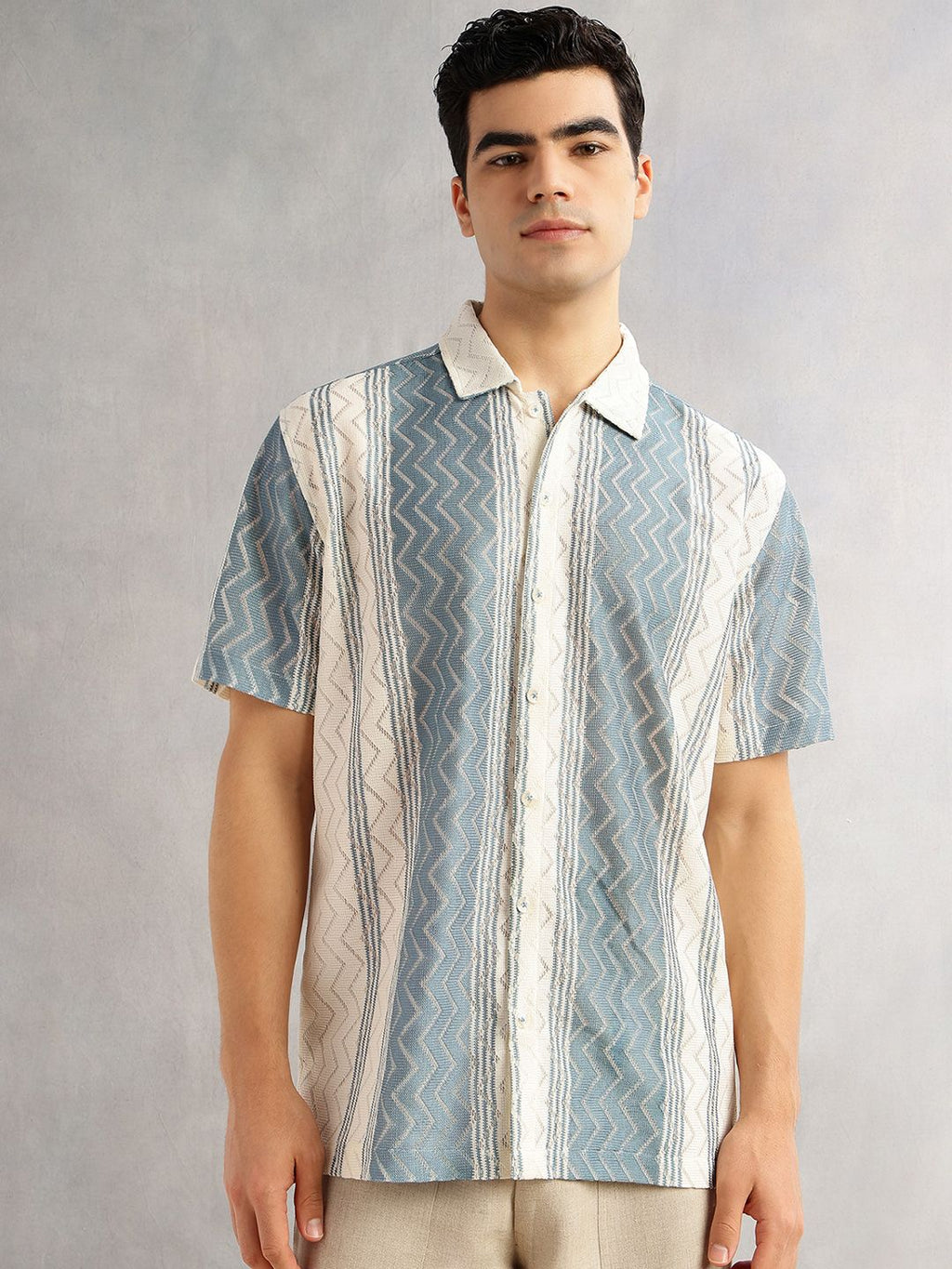 Blue Geometric Printed Regular Fit Semi-Sheer Casual Crochet Shirt For Men