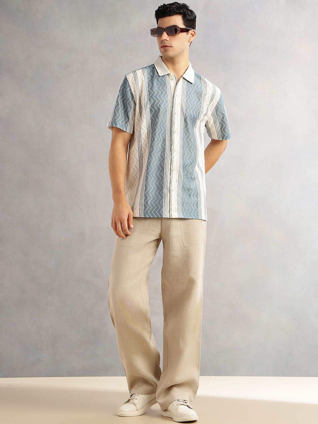 Blue Geometric Printed Regular Fit Semi-Sheer Casual Crochet Shirt For Men