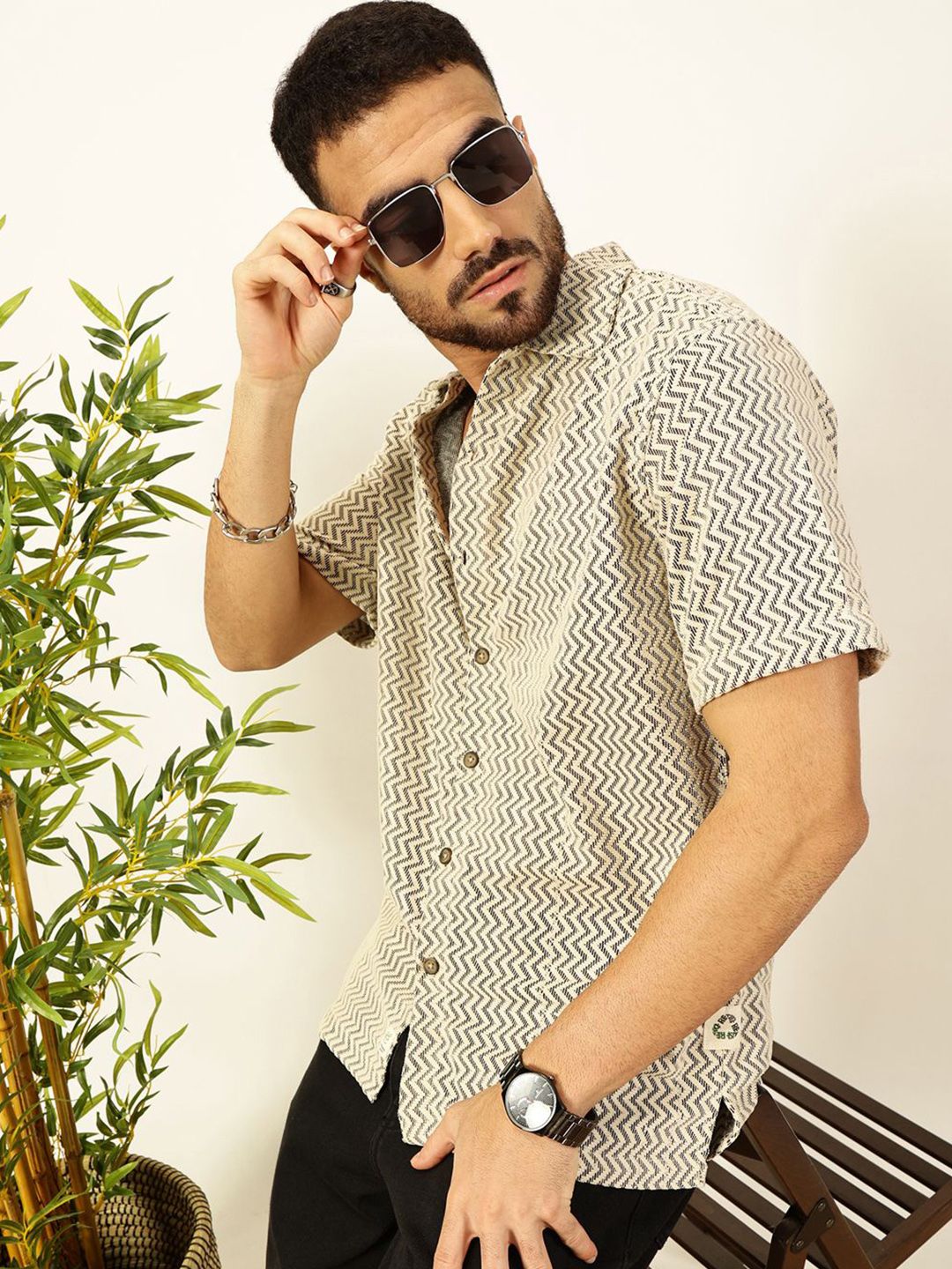 Black Vertical Stripes Striped Regular Fit Semi-Sheer Casual Crochet Shirt For Men