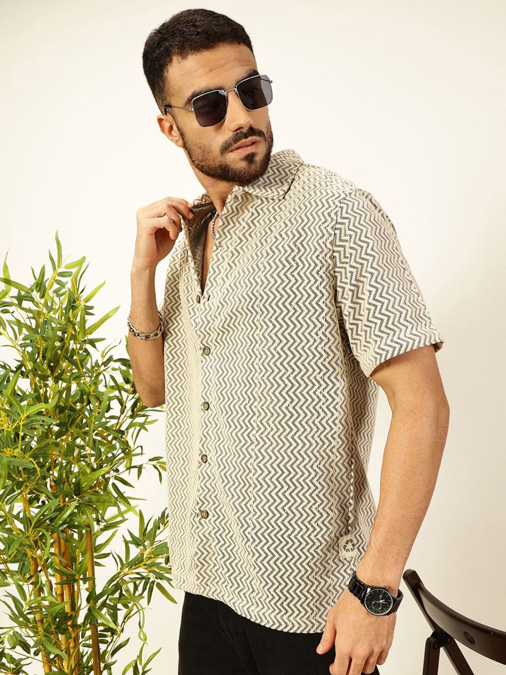 Black Vertical Stripes Striped Regular Fit Semi-Sheer Casual Crochet Shirt For Men