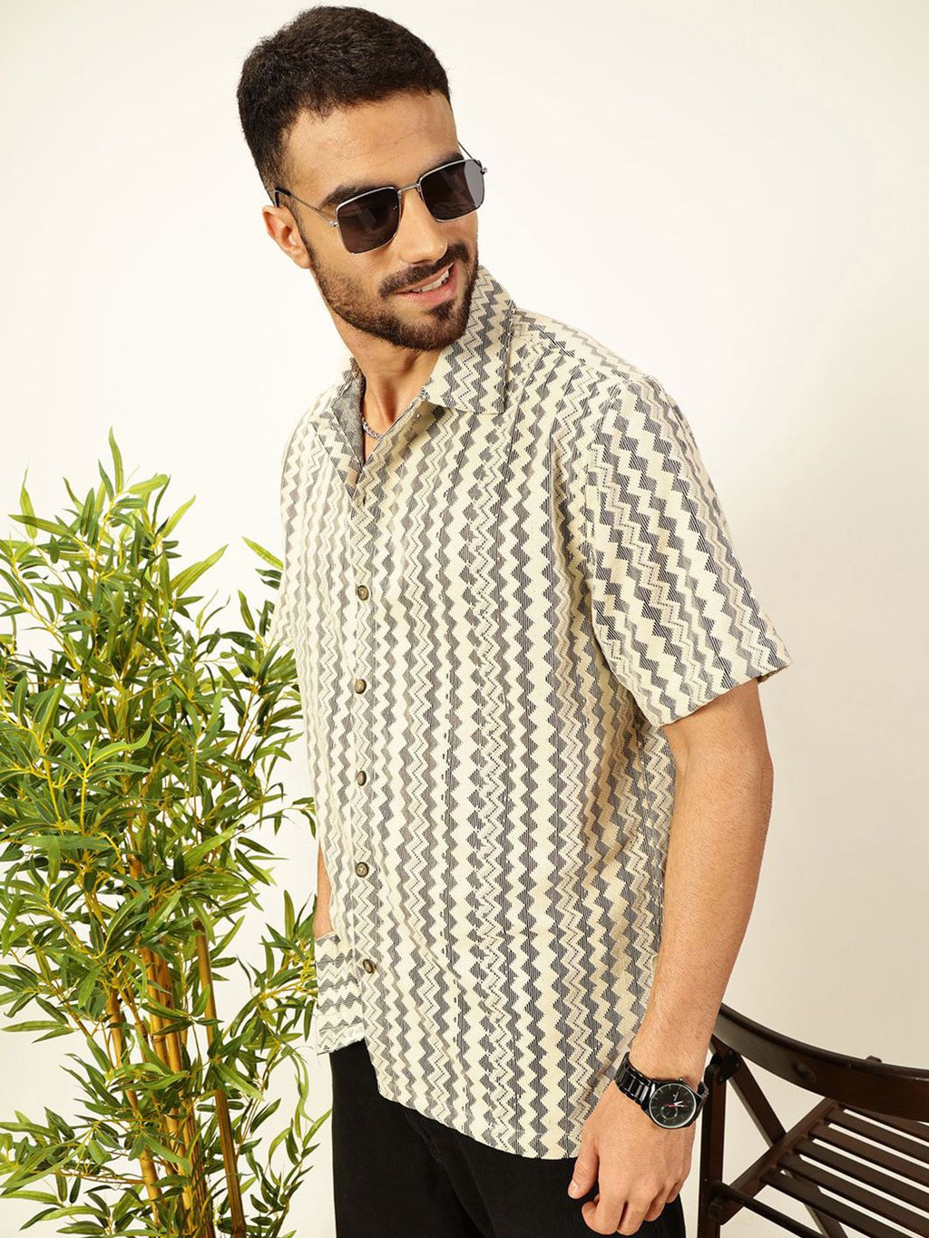 Beige Self Design Chevron Cotton Regular Fit Semi-Sheer Casual Crochet Shirt For Men