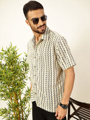 Beige Self Design Chevron Cotton Regular Fit Semi-Sheer Casual Crochet Shirt For Men