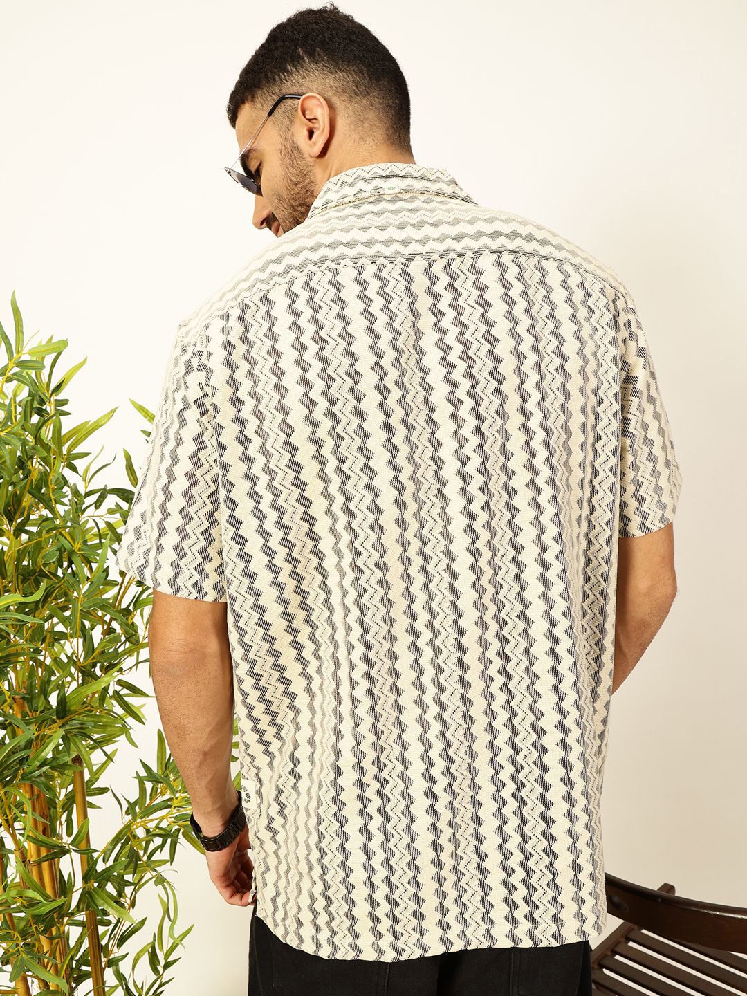 Beige Self Design Chevron Cotton Regular Fit Semi-Sheer Casual Crochet Shirt For Men