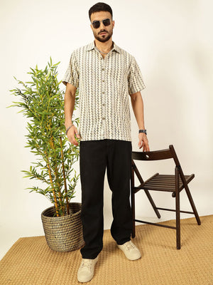 Beige Self Design Chevron Cotton Regular Fit Semi-Sheer Casual Crochet Shirt For Men