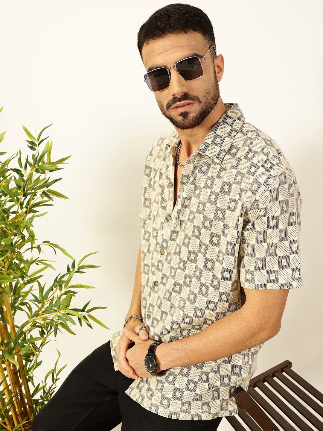 Beige Self Design Textured Cotton Regular Fit Semi-Sheer Casual Crochet Shirt For Men