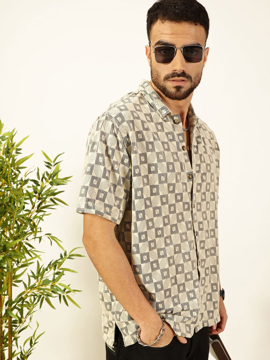 Beige Self Design Textured Cotton Regular Fit Semi-Sheer Casual Crochet Shirt For Men