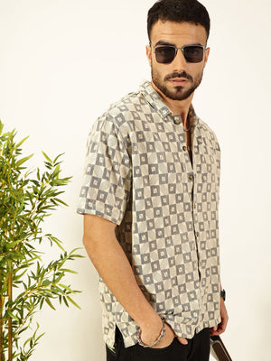 Beige Self Design Textured Cotton Regular Fit Semi-Sheer Casual Crochet Shirt For Men