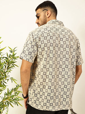 Beige Self Design Textured Cotton Regular Fit Semi-Sheer Casual Crochet Shirt For Men