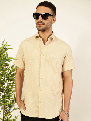 Beige Premium Spread Collar Textured Casual Shirt For Men