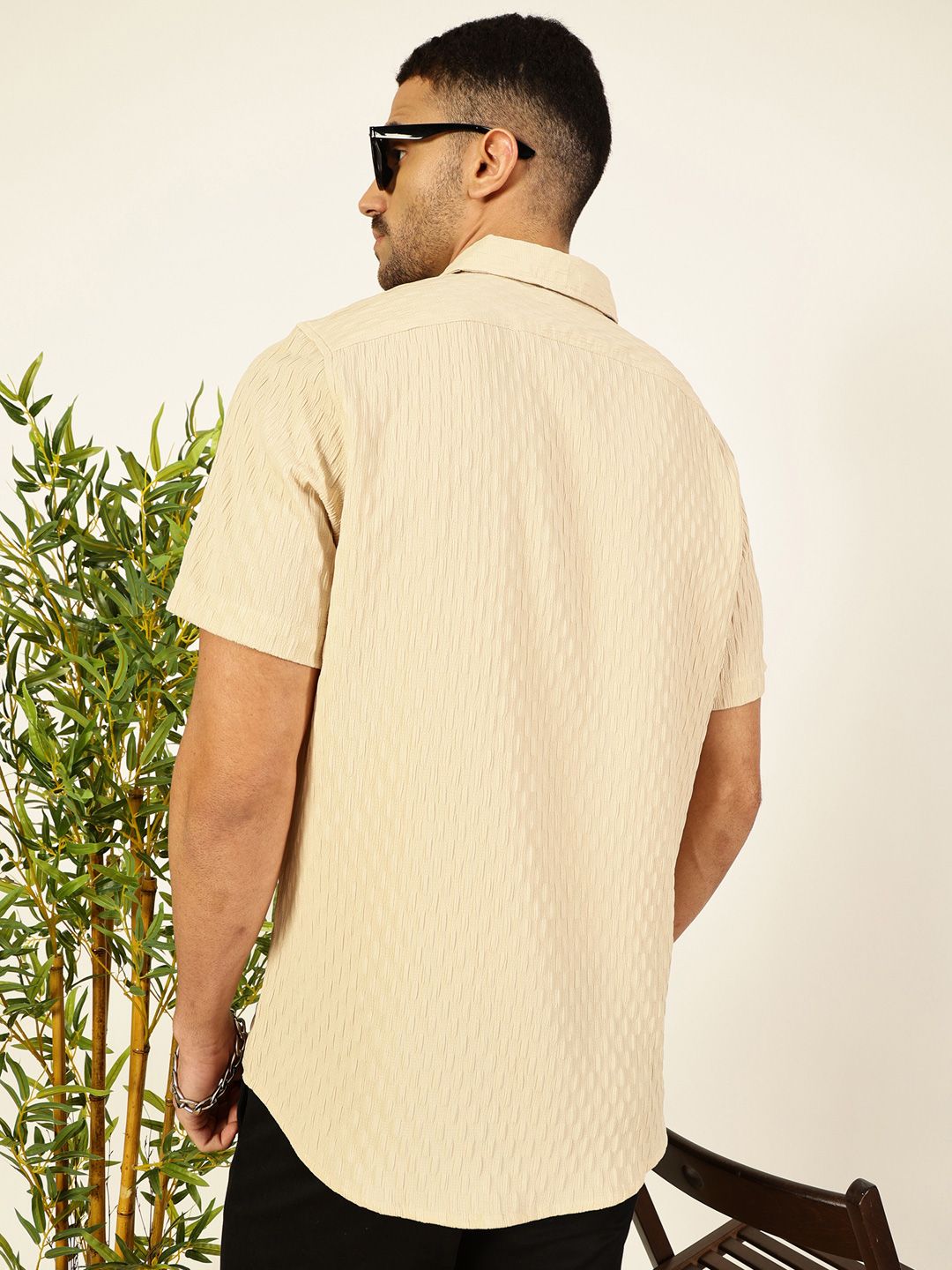 Beige Premium Spread Collar Textured Casual Shirt For Men