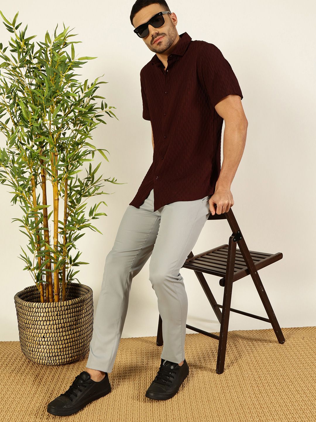 Maroon Premium Short Sleeves Regular Fit Spread Collar Textured Casual Shirt For Men