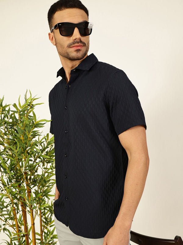 Navy Premium Spread Collar Textured Casual Shirt For Men
