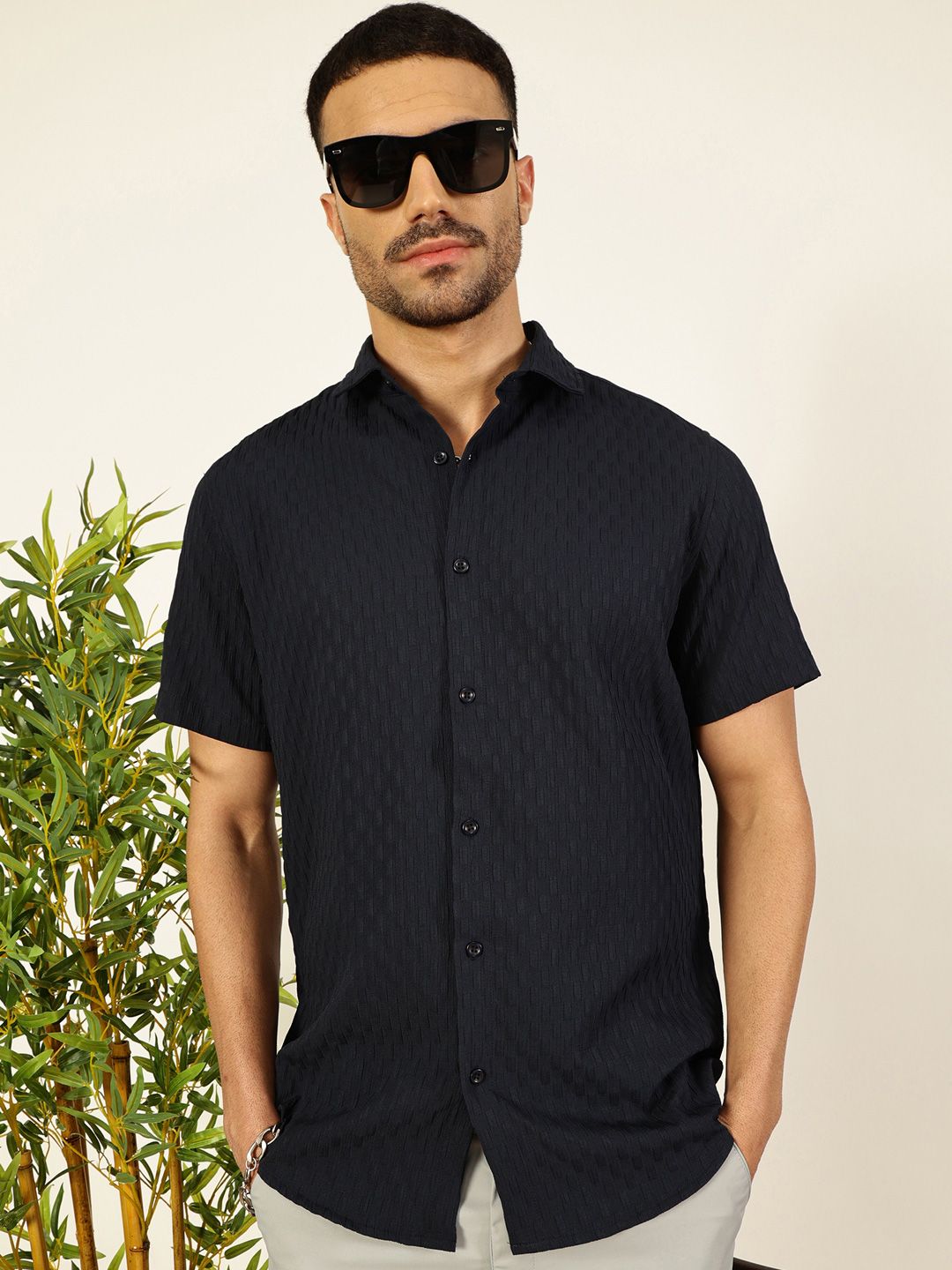 Navy Premium Spread Collar Textured Casual Shirt For Men