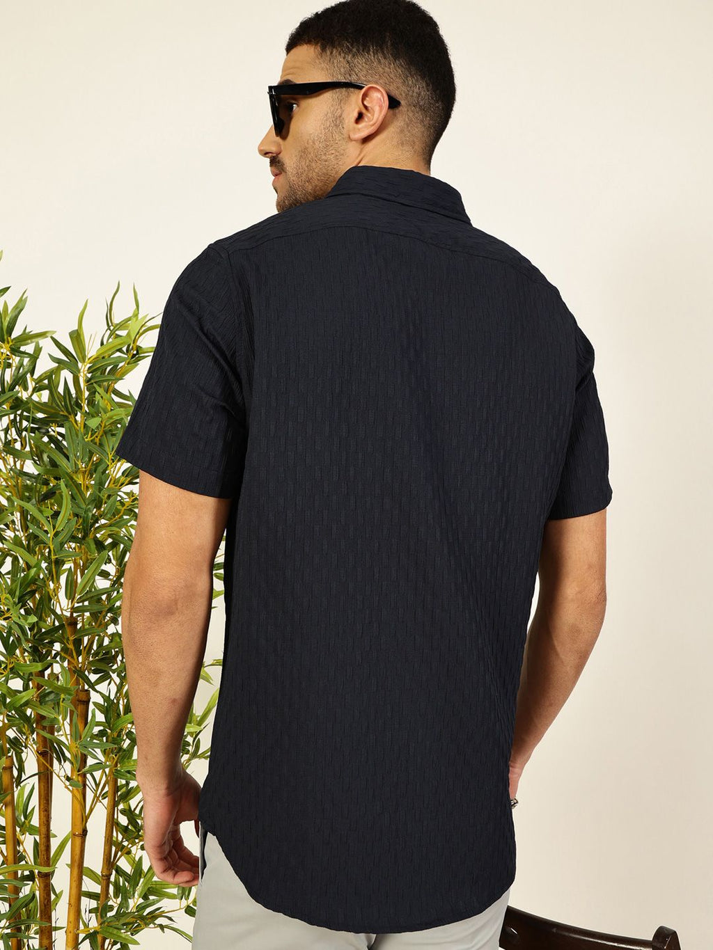 Navy Premium Spread Collar Textured Casual Shirt For Men
