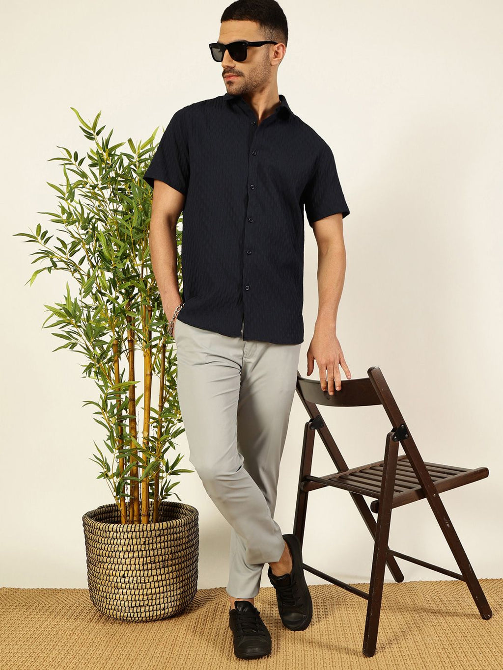 Navy Premium Spread Collar Textured Casual Shirt For Men