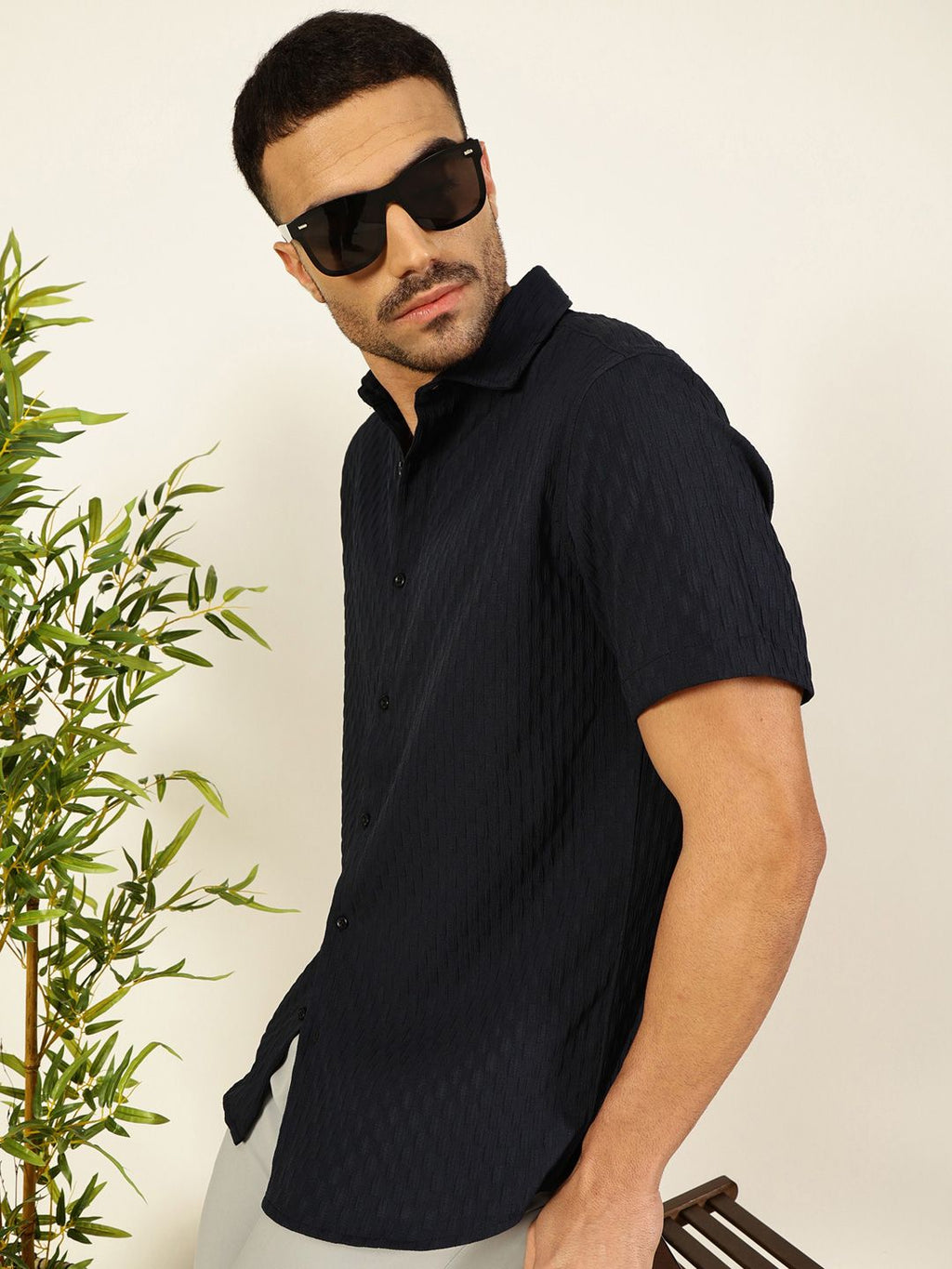 Navy Premium Spread Collar Textured Casual Shirt For Men