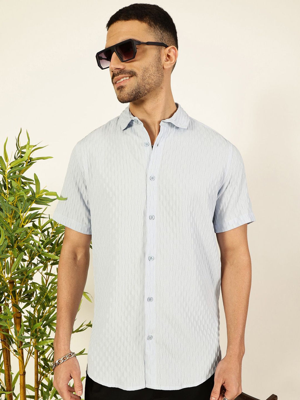 Sky Blue Premium Spread Collar Textured Casual Shirt For Men