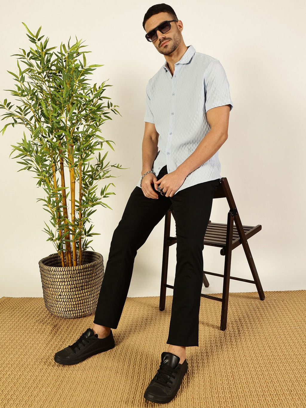 Sky Blue Premium Spread Collar Textured Casual Shirt For Men
