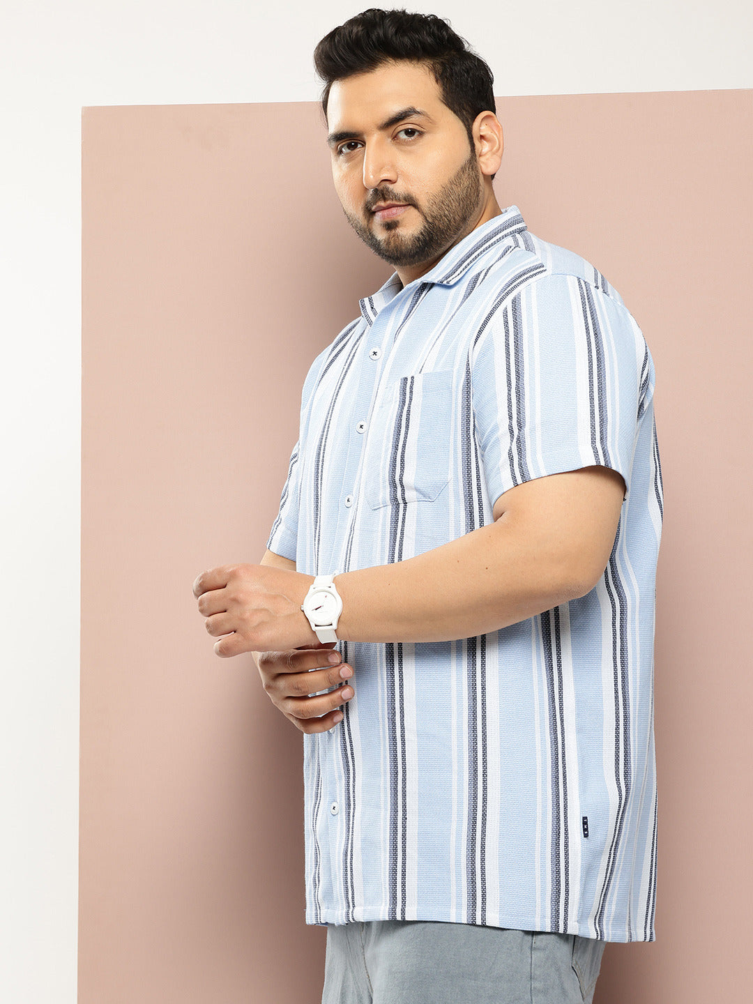 Thomas Scott Men Light Blue Plus Size Premium Striped Pure Cotton Casual Shirt