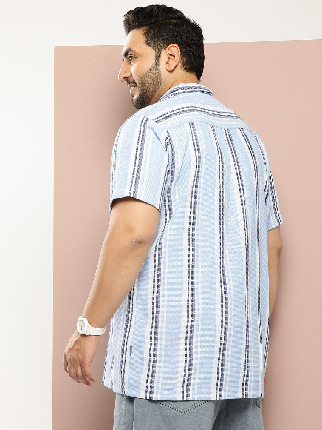 Thomas Scott Men Light Blue Plus Size Premium Striped Pure Cotton Casual Shirt