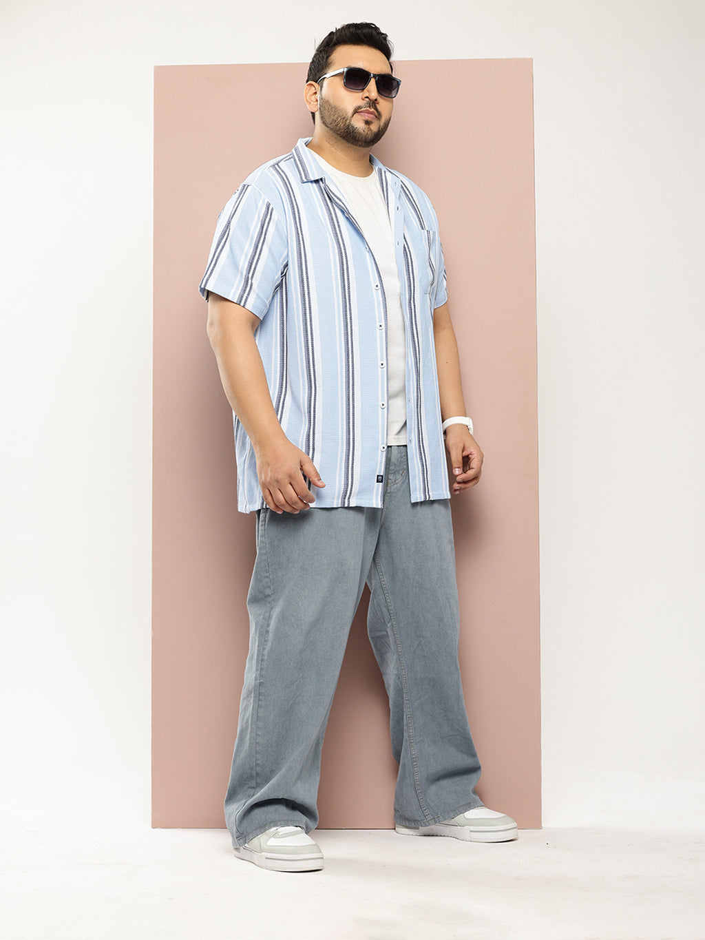 Thomas Scott Men Light Blue Plus Size Premium Striped Pure Cotton Casual Shirt