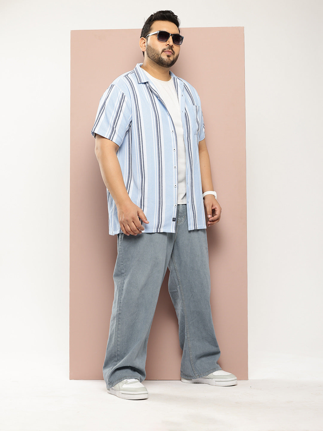 Thomas Scott Men Light Blue Plus Size Premium Striped Pure Cotton Casual Shirt