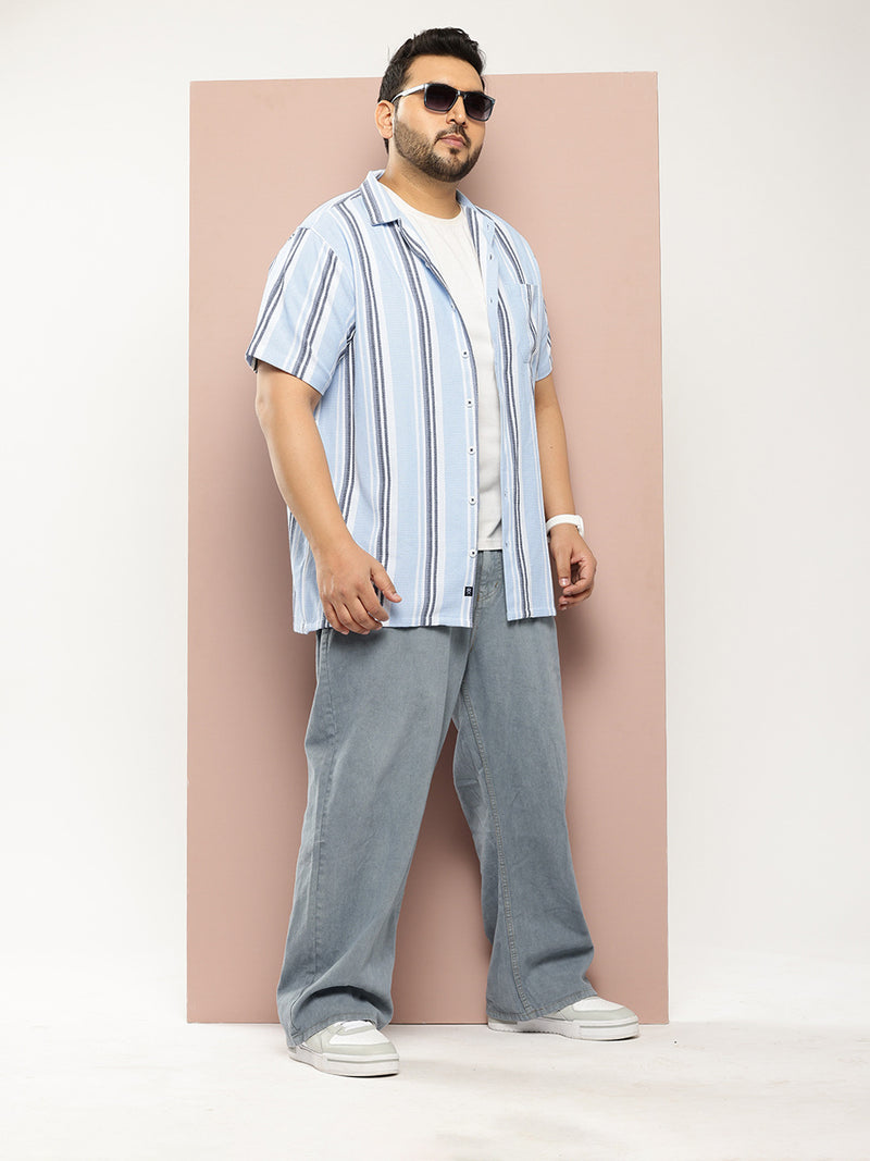 Thomas Scott Men Light Blue Plus Size Premium Striped Pure Cotton Casual Shirt