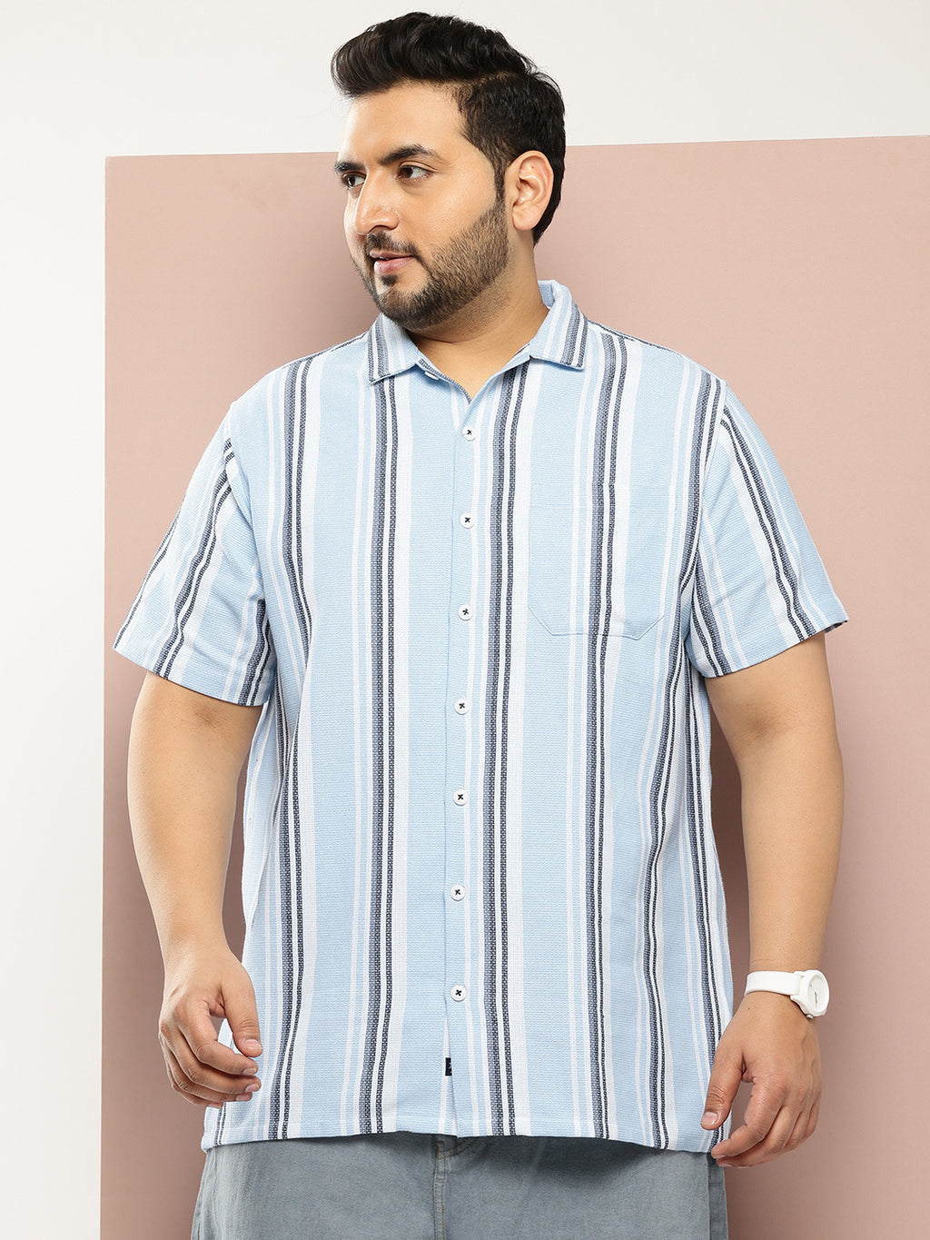 Thomas Scott Men Light Blue Plus Size Premium Striped Pure Cotton Casual Shirt