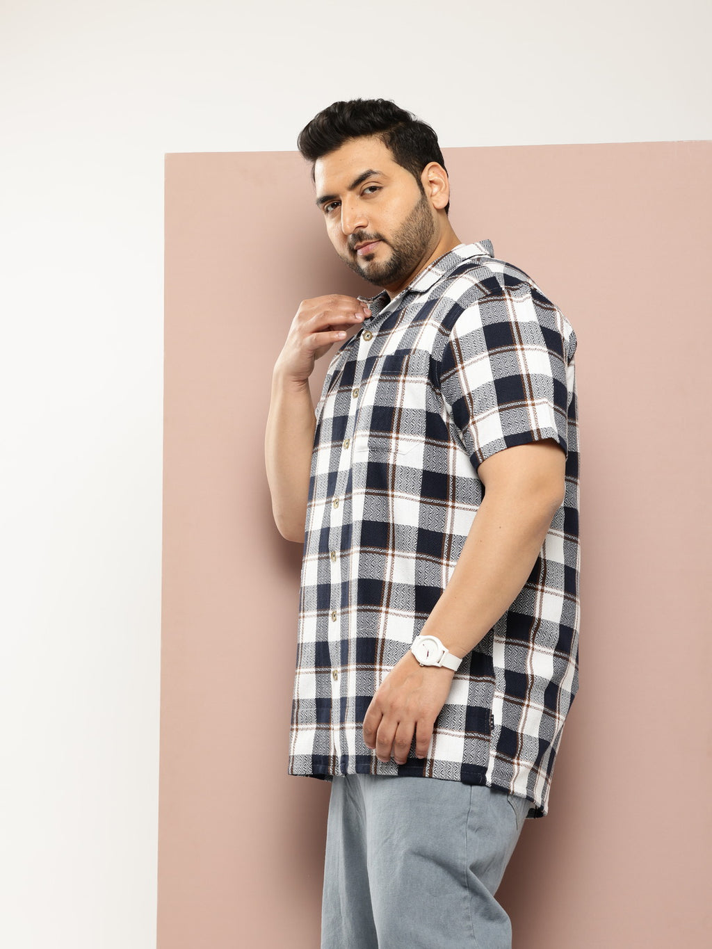 Thomas Scott Men Navy Thomas Scott Plus Size Premium Checked Pure Cotton Casual Shirt
