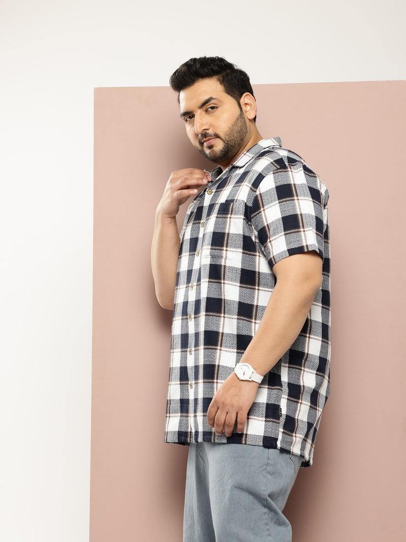 Thomas Scott Men Navy Thomas Scott Plus Size Premium Checked Pure Cotton Casual Shirt