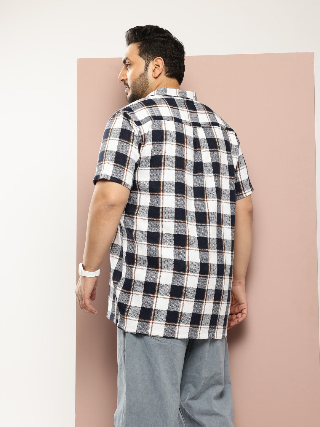 Thomas Scott Men Navy Thomas Scott Plus Size Premium Checked Pure Cotton Casual Shirt