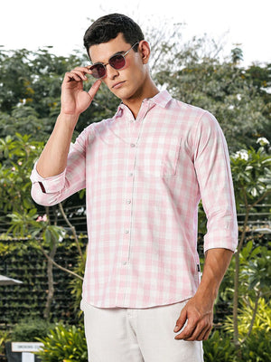 Pink Slim Fit Long Sleeves Tartan Checks Casual Shirt For Men