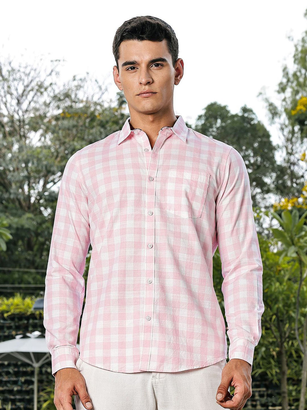 Pink Slim Fit Long Sleeves Tartan Checks Casual Shirt For Men
