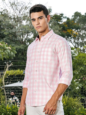 Pink Slim Fit Long Sleeves Tartan Checks Casual Shirt For Men