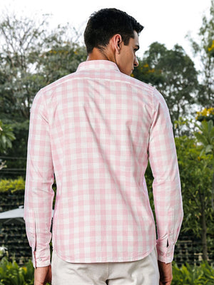 Pink Slim Fit Long Sleeves Tartan Checks Casual Shirt For Men