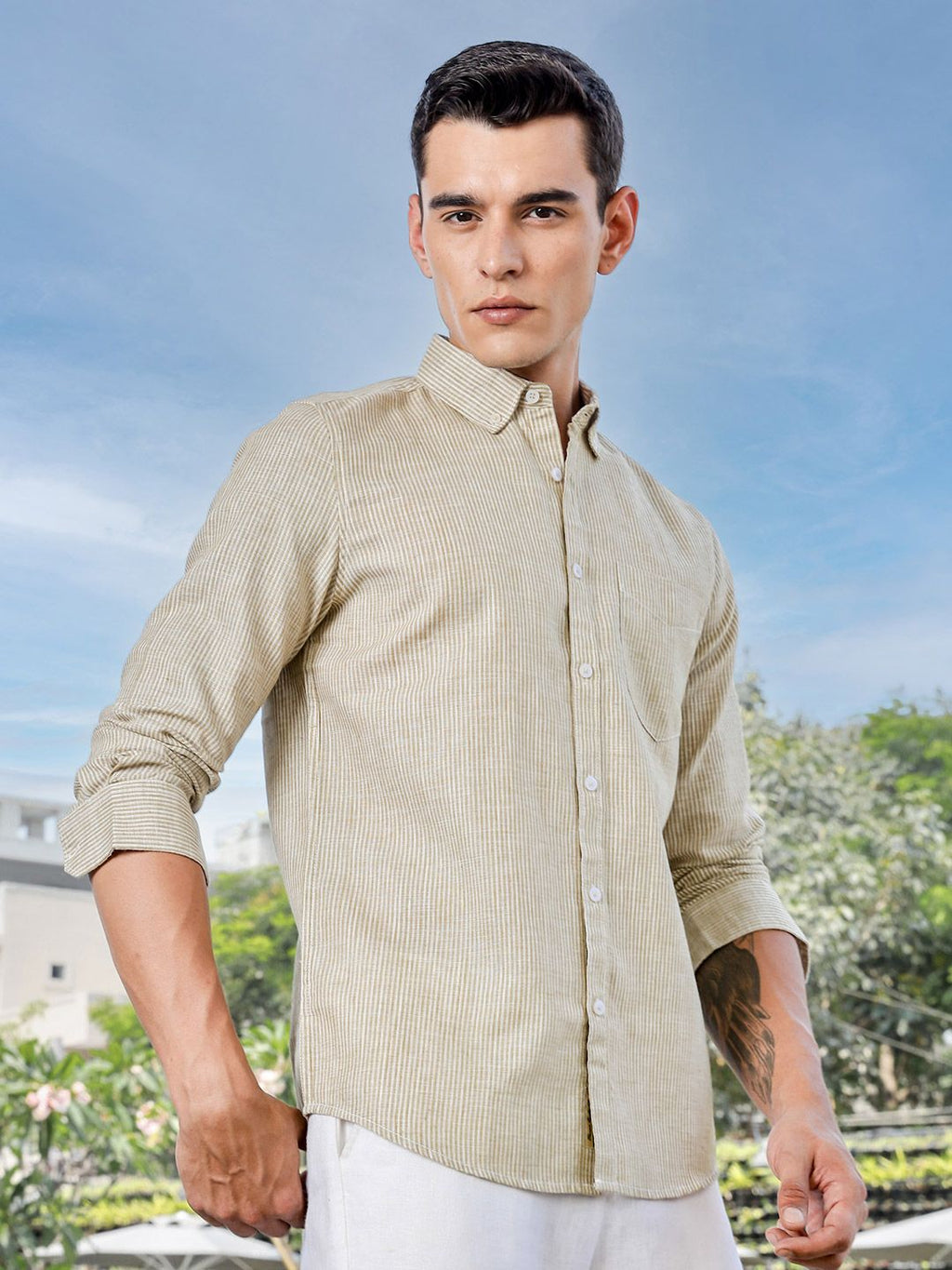 Brown Slim Fit Long Sleeves Pinstripes Linen Casual Shirt For Men