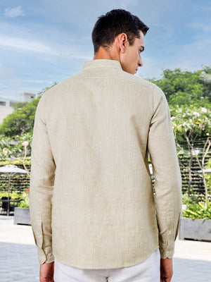 Brown Slim Fit Long Sleeves Pinstripes Linen Casual Shirt For Men