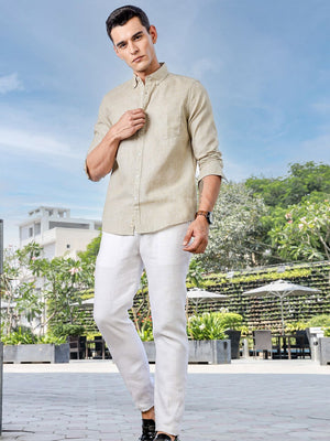 Brown Slim Fit Long Sleeves Pinstripes Linen Casual Shirt For Men