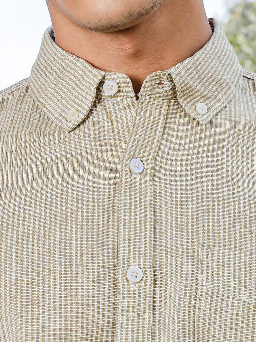 Brown Slim Fit Long Sleeves Pinstripes Linen Casual Shirt For Men