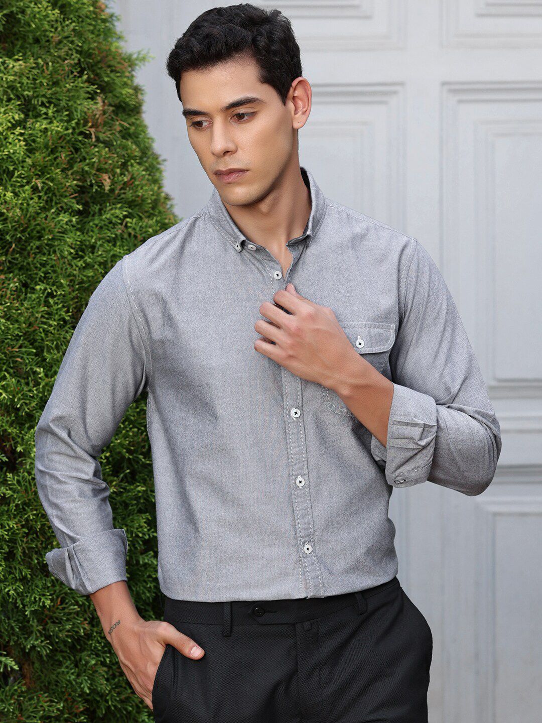 Black Premium Button-Down Collar Chambray Pure Cotton Casual Shirt For Men