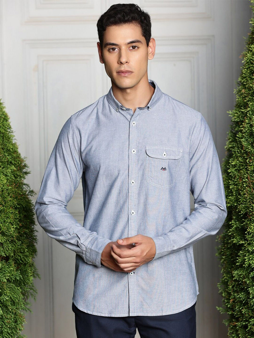 Navy Premium Regular Fit Long Sleeves Button-Down Collar Solid Cotton Casual Shirt For Men