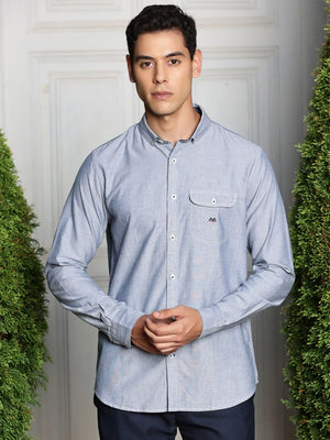 Navy Premium Regular Fit Long Sleeves Button-Down Collar Solid Cotton Casual Shirt For Men