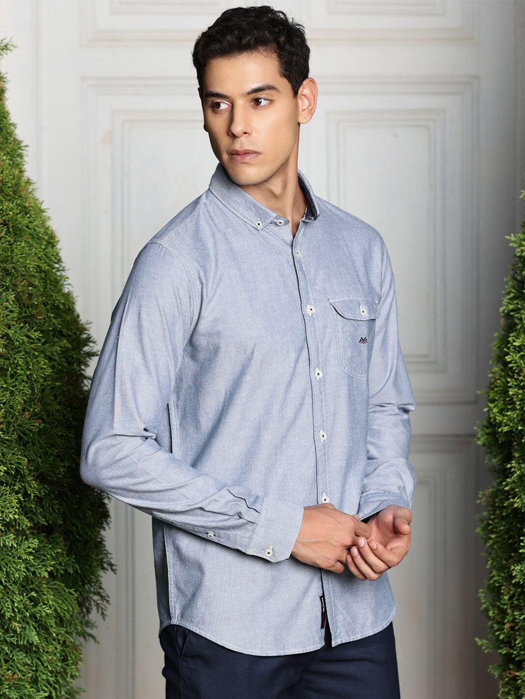 Navy Premium Regular Fit Long Sleeves Button-Down Collar Solid Cotton Casual Shirt For Men