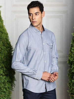 Navy Premium Regular Fit Long Sleeves Button-Down Collar Solid Cotton Casual Shirt For Men