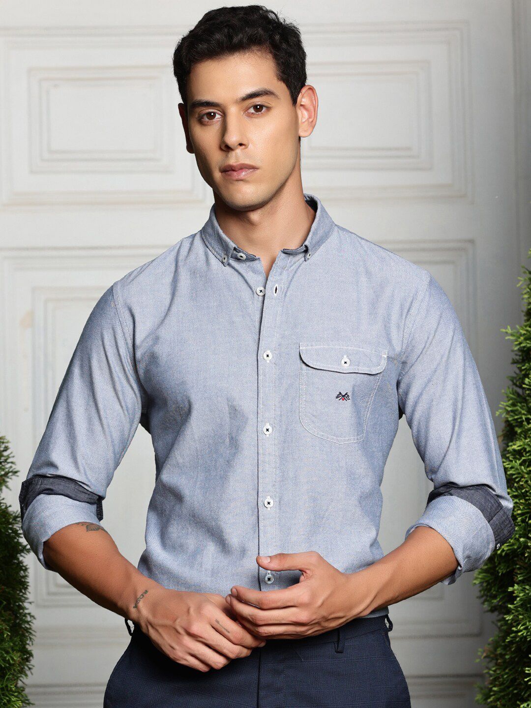 Navy Premium Regular Fit Long Sleeves Button-Down Collar Solid Cotton Casual Shirt For Men