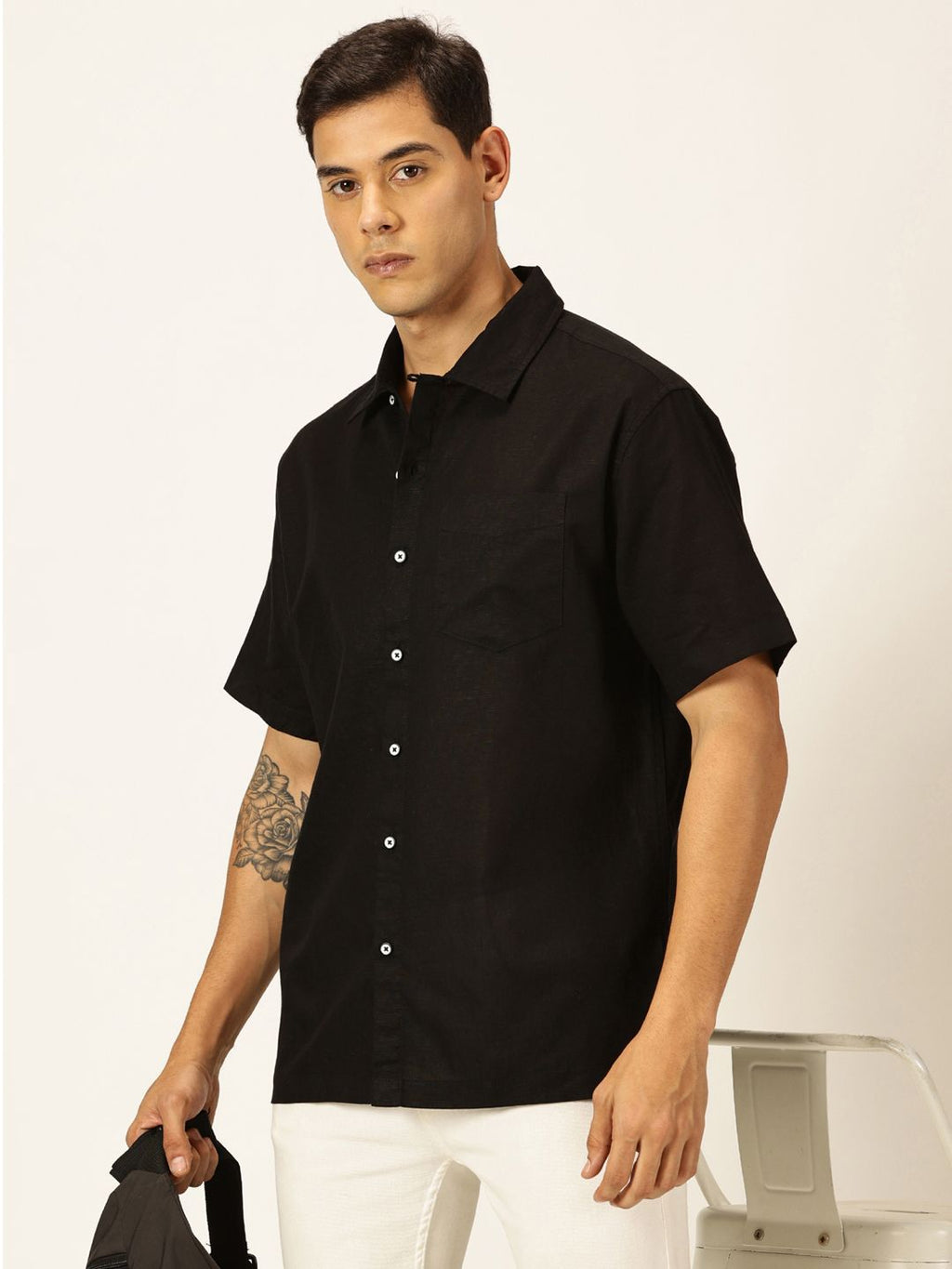 Black Smart Cotton Linen Casual Shirt For Men