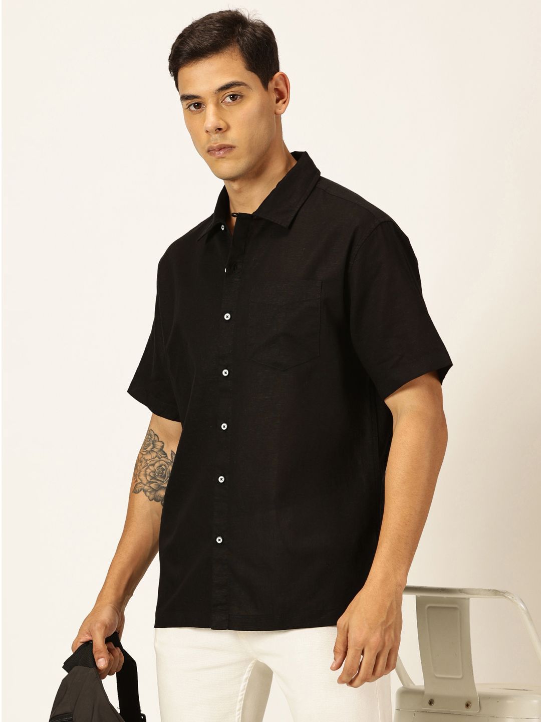 Black Smart Cotton Linen Casual Shirt For Men