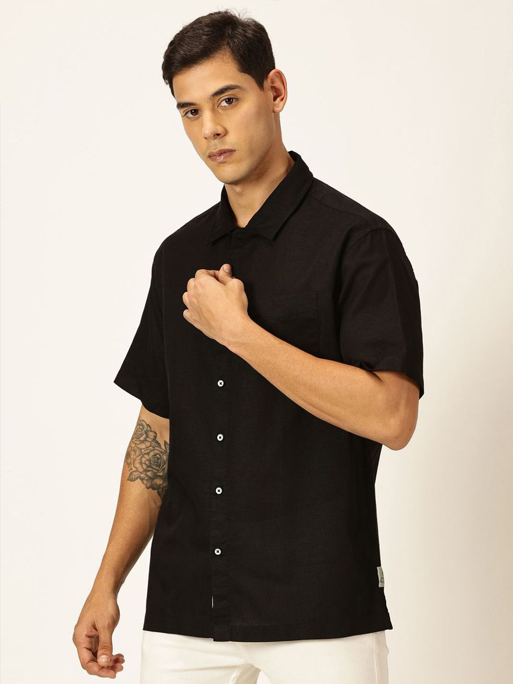 Black Smart Cotton Linen Casual Shirt For Men