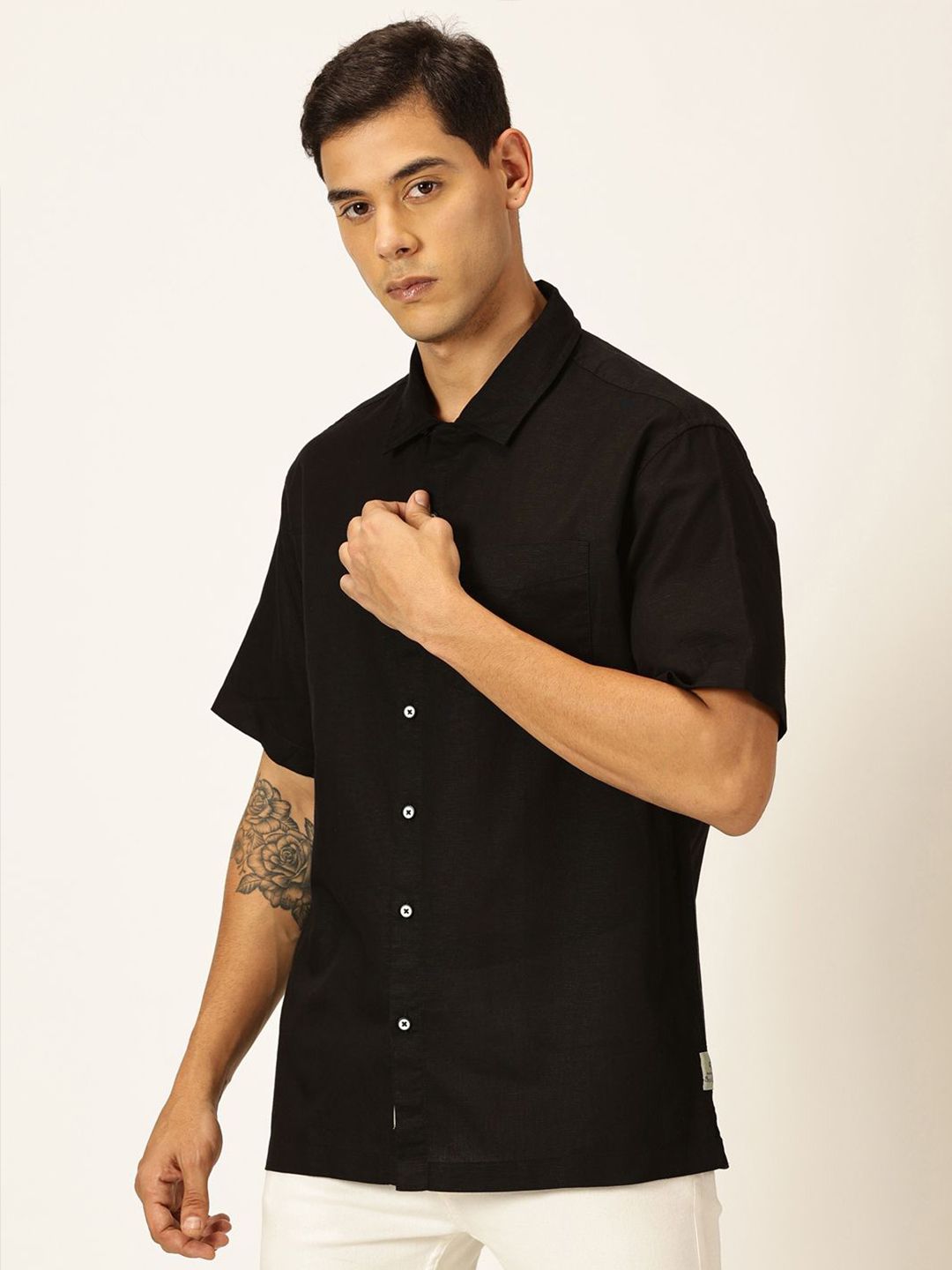 Black Smart Cotton Linen Casual Shirt For Men