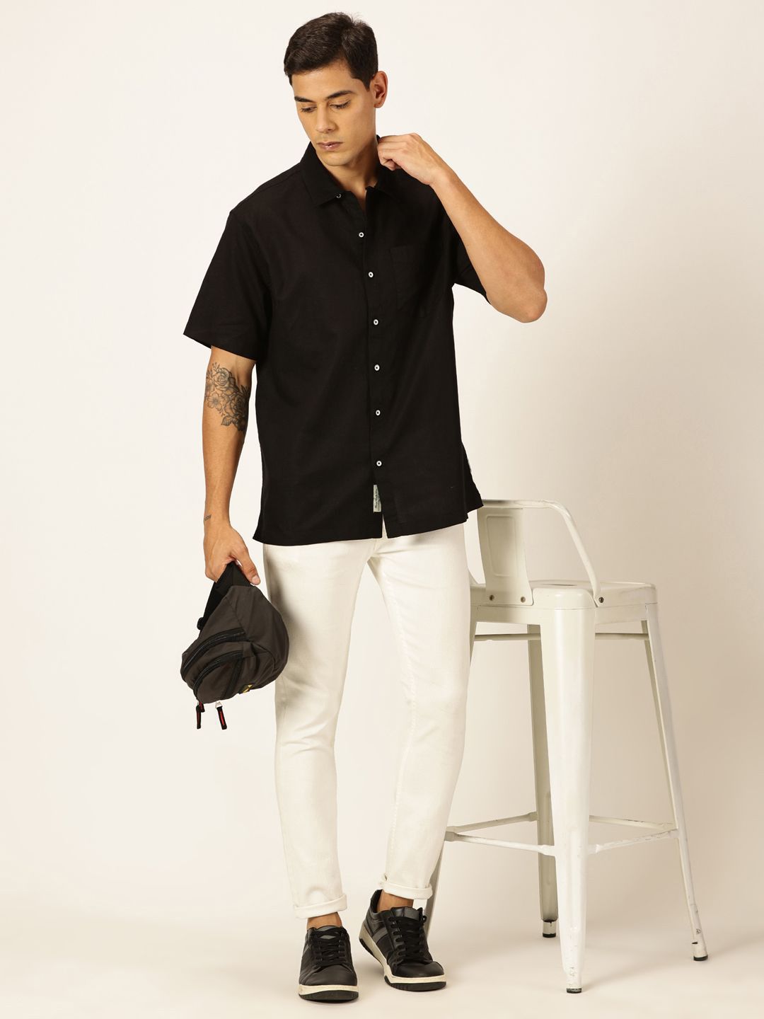 Black Smart Cotton Linen Casual Shirt For Men